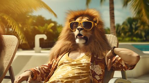 A sequence of three frames on a single image, capturing an animation of lion man in hyper-realistic photo quality. Frame one: lion man in sunglasses, lounging on a sunbed, sunbathing under a tropical palm tree, the ambiance of a sunny beach day, medium: high-resolution photography, style: candid, naturalistic, lighting: bright, natural sunlight with high contrast shadows, colors: vibrant summer palette with a dominance of red and green, composition: Nikon D850, AF-S NIKKOR 24-70mm f/2.8E ED VR lens, wide shot with a focus on Santa, aperture f/5.6, ISO 100, shutter speed 1/500, Santa's expression relaxed and content. Frame two: Santa waving, medium: high-resolution photography, style: dynamic, engaging, lighting: consistent with the first frame, maintaining continuity, colors: the same vibrant summer palette, composition: same camera setup, mid-shot capturing the motion of the wave, aperture f/5.6, ISO 100, shutter speed 1/250, Santa's expression cheerful and inviting. Frame three: Santa finishing the wave, starting to say 'ho, ho, ho', reaching for a tropical drink with a decorative umbrella, medium: high-resolution photography, style: lively, festive, lighting: as per the previous frames, colors: a continuation of the vibrant palette with a focus on the colorful drink, composition: same camera setup, close-up on Santa's face and the drink, aperture f/4, ISO 100, shutter speed 1/320, Santa's expression jovial and animated --ar 16:9