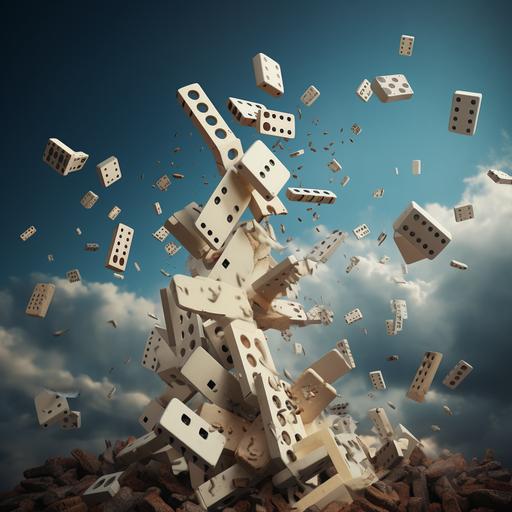 A series of dominos falling, with the last one toppling a massive obstacle.
