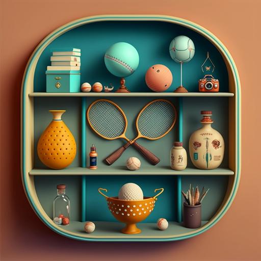 A series of shelves in a Wes Anderson retro style symmetrically and carefully storing: two beach rackets, little balls, clay mugs, fruits, flying dragonflies and a glass of a latte with ice cubes. Symmetry. Rich in Detail.