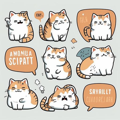 A set of cute American Shorthair cat stickers in a variety of poses with short words that express various emotions, cartoon style --v 4