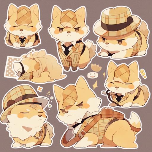 A set of grid shaped dog stickers , multiple poss and expressions, Amber yellow eyes, dark fur, a tie around the neck, cute, a little fat --s 250 --niji 5 --style cute