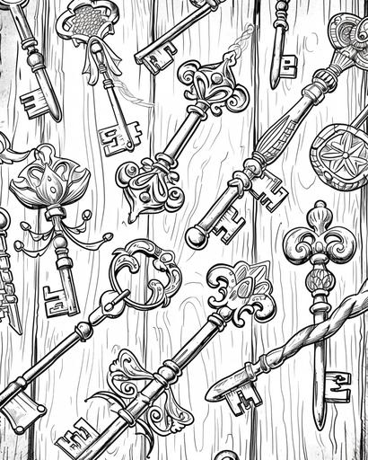 A set of intricate vintage keys with elaborate bows and teeth, lying on a rustic wooden surface, coloring page monochrome, black and white, thick lines, for adults --ar 4:5 --v 6.0