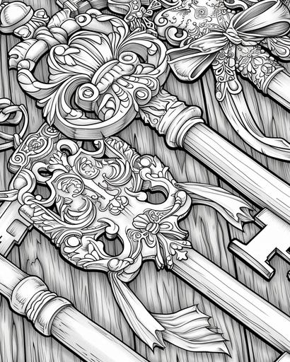 A set of intricate vintage keys with elaborate bows and teeth, lying on a rustic wooden surface, coloring page monochrome, black and white, thick lines, for adults --ar 4:5 --v 6.0