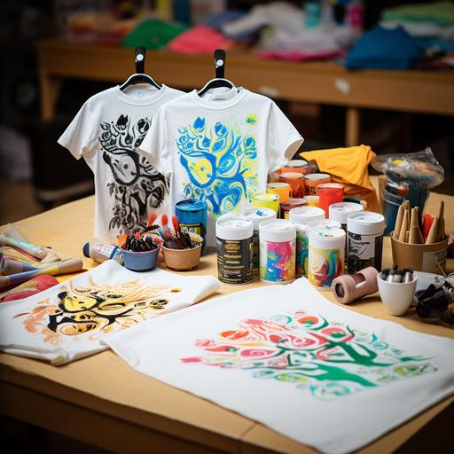 A set of plain T-shirts laid out on a table, surrounded by fabric paints, brushes, and stencils. One T-shirt is partially painted with a family emblem or a fun design that represents the family, like a tree or a set of animal characters. The background suggests a family crafting session, with various family members engaged in painting their own T-shirts.