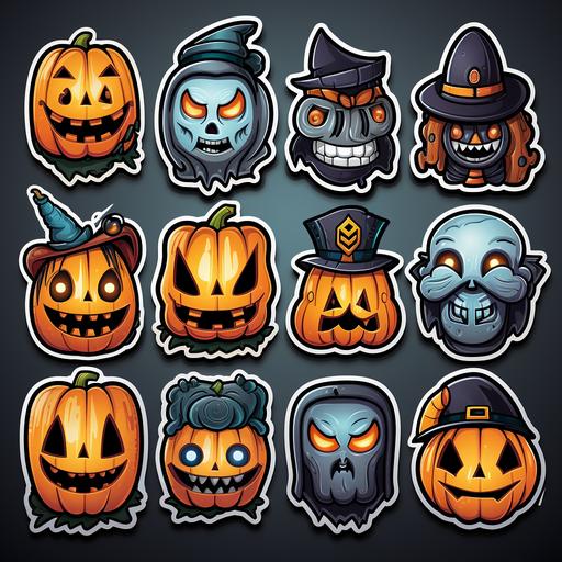 A set of sticker pack illustrations, 6 image matrices, holloween,Spooky,Ghost,Witch,Vampire,Zombie,Pumpkin, bold outline style --s 750 --style raw