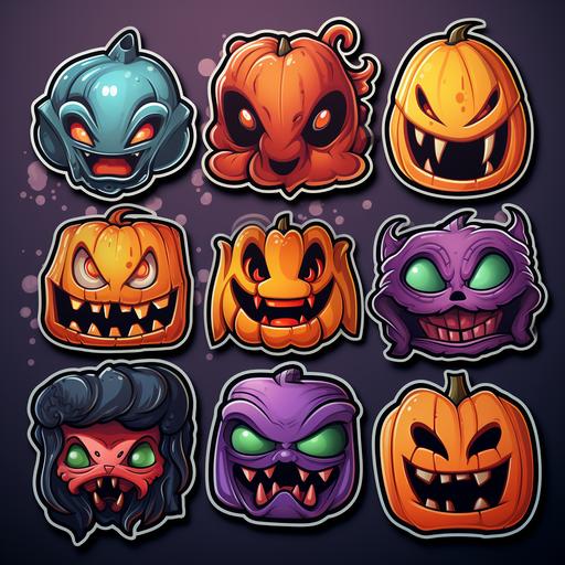 A set of sticker pack illustrations, 6 image matrices, holloween,Spooky,Ghost,Witch,Vampire,Zombie,Pumpkin, bold outline style --s 750 --style raw