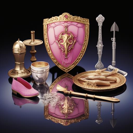 A set of things in one cartoon style: a sword, a shield, a mirror, shoes, a cup, a ring, a pendant. All things belong to Barbie --s 50