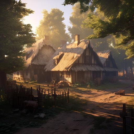 A settlement with simple round, wooden houses built around huge trees and seem to be grown togehther with the timber. Dormers and orils on the roofs. Late afternoon sun, hazy light. Photo-realistic.
