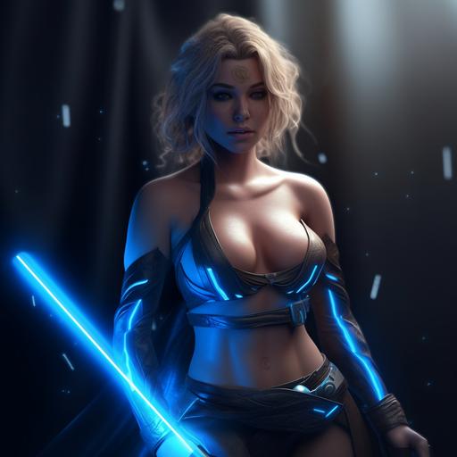A sexy avatar woman in jedi ropes with a blue lightsaber, 4K, high details, Videogame style