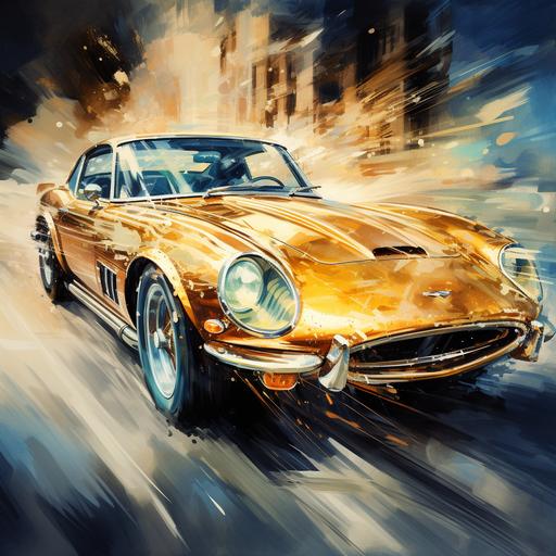A shiny, metallic sports car, with a roaring engine, zoomed past, slow shutter speed photography, watercolor painting, 2K, high detail