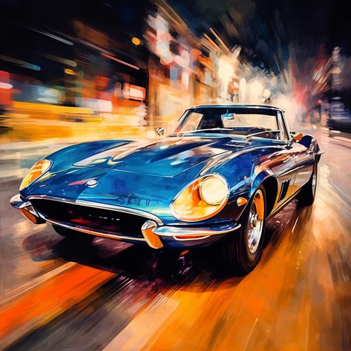 A shiny, metallic sports car, with a roaring engine, zoomed past, slow shutter speed photography, watercolor painting, 2K, high detail