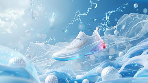 A shoe floats in the air, Product background map, Powder blue space, A very small amount of silk thread surrounds, A very small amount of balls float, Atmosphere, Product drawing, Model the scene, Illusory engine, 3D rendering, UHD, high details, best quality, 16k --aspect 16:9
