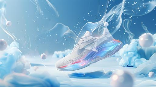 A shoe floats in the air, Product background map, Powder blue space, A very small amount of silk thread surrounds, A very small amount of balls float, Atmosphere, Product drawing, Model the scene, Illusory engine, 3D rendering, UHD, high details, best quality, 16k --aspect 16:9