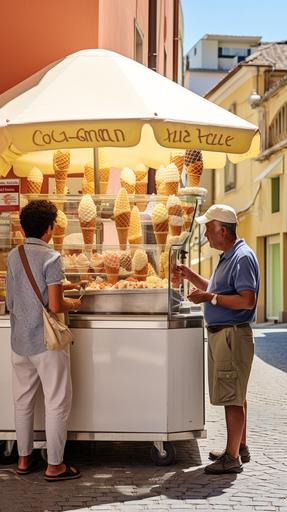 A side view of a vendor giving gelato ice cream in a cone to a customer at a stall with a gelato ice cream sign and a customer waiting for it, photographic,hyper realistic,small corn, --ar 9:16