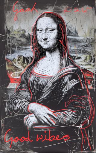 A simple creative sketch of Monna Lisa, using a few loose and expressive markings. Made with fine white and red biro pen, on gun-metal grey cartridge paper. text 