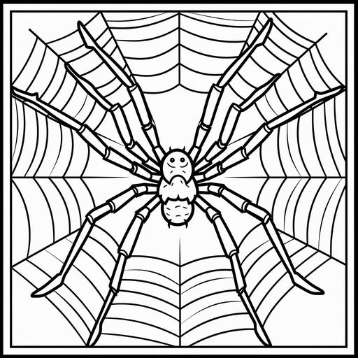 A simple spider web with a spider on it, only the web and spider outlined, medium: line art, style: cartoonish, colors: monochrome black outline on white, composition: web and spider centered in the frame. coloring page, no background, cartoon style, no shading, thick lines. no colours