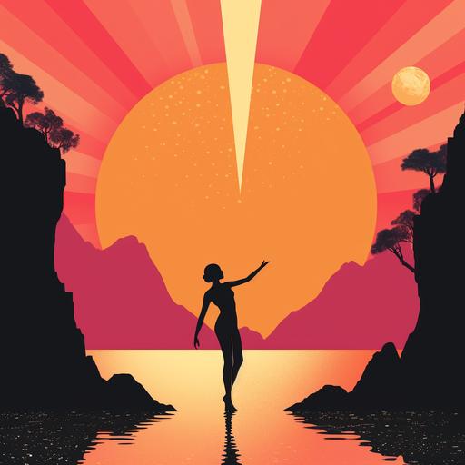 A simple template, a woman with a disco ball hitting a waterfall, a refreshing sunshine and a fantastic sunset, retro Japan