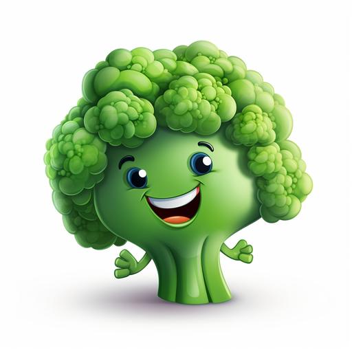 A single broccoli smiling, in cartoon style, white background