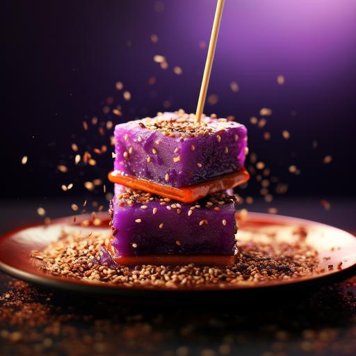 A single piece of purple tofu, sprinkled with sesame seeds, two chop-sticks, close up detailed food photography, soft cinematic lights, juicy, bright, high quality, ultra detailed, 32k