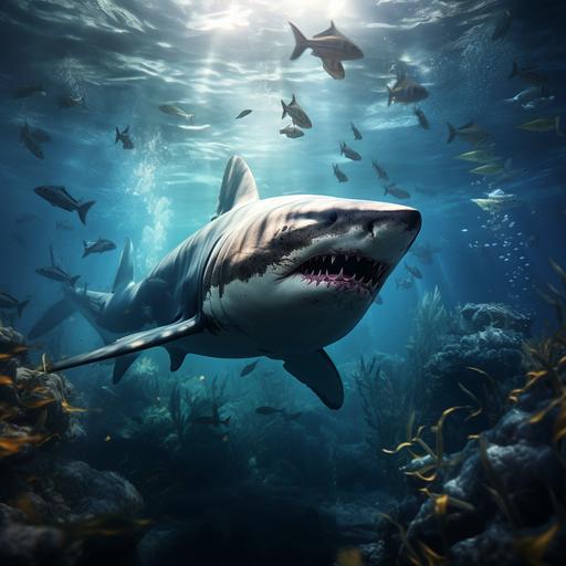 A single shark in a glass aquarium :: surrounded by dogs with cameras in their hands taking pictures of the shark :: ultra realistic, 4k, landscape