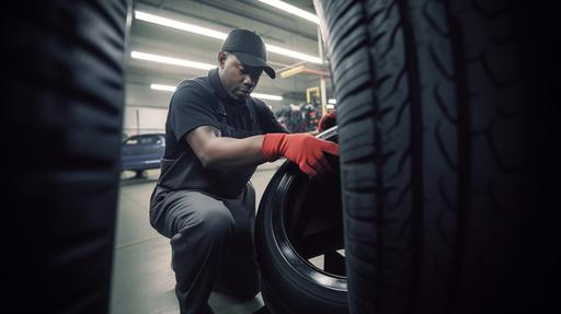 A skilled tire technician wearing a black apron and gloves expertly repairing a car's tire on a sleek tire spreader machine in a clean and well-lit tire shop. The technician's dark gray long-sleeved shirt signifies professionalism and attention to detail. The camera, using a wide-angle lens, captures the scene from a low angle, showcasing the technician's expertise and the tire shop's organized environment. The image is bathed in bright, natural lighting, accentuating the vibrant colors of the new tires neatly displayed on the shelves. --ar 16:9 --v 5