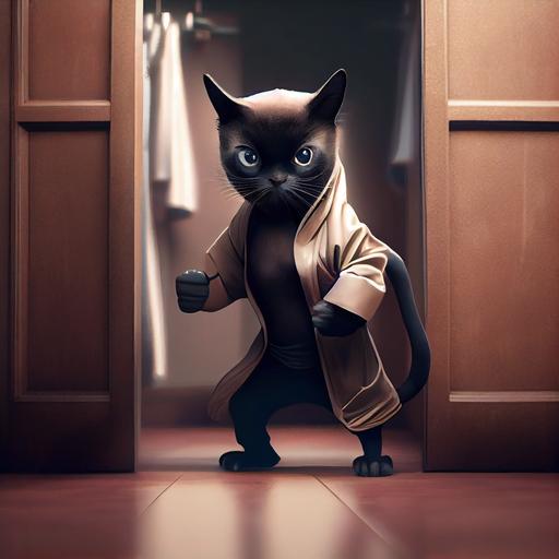A sleek and agile female Siamese cat in a superhero outfit, a black jumpsuit made of stretchy, lightweight fabric, with silver accents and a matching silver belt. ::10, karate action pose, inside a cluttered coat closet::10 , diffused lighting, ultra-detailed, Disney style, v4 --upbeta --q 2 --s 750
