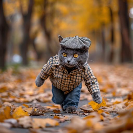 A sleek grey shorthair cat adorned in a checkered shirt and denim jeans, topped with a beret, strolls leisurely on a path lined with golden autumn leaves in a park. The scene captures the essence of fall fashion, merging the natural beauty of the season with the cat's impeccable style. The image reflects a blend of casual elegance and seasonal charm, showcasing how even our feline friends can inspire us to embrace the fashion of every season. The digital medium emphasizes the vibrant colors of autumn, creating a warm and inviting atmosphere. The aspect ratio is 4:3, highlighting both the subject and the picturesque autumnal backdrop.phosphorescent architecture