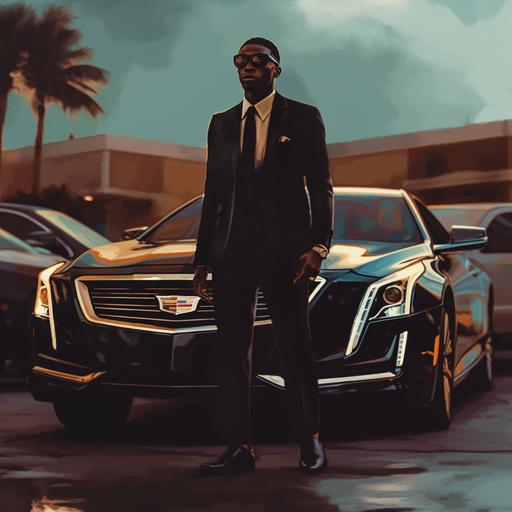 A sleek hand painted cinematic shot using the Rule of thirds with bill sienkiewicz styled art. A very handsome, well dressed, MACK, A young African AMERICAN, Reggie Bush type man wearing dark colored leather blazer and some gold jewelry. He is standing in front a 2023 Cadillac sedan in a hotel parking lot in 1:00 am Orlando Florida . — v 5. 1 — AR 16: 9 — s 100