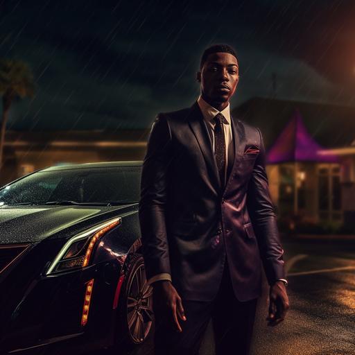 A sleek hand painted cinematic shot using the Rule of thirds with bill sienkiewicz styled art. A very handsome, well dressed, MACK, A young African AMERICAN, Reggie Bush type man wearing dark colored leather blazer and some gold jewelry. He is standing in front a 2023 Cadillac sedan in a hotel parking lot in 1:00 am Orlando Florida . — v 5. 1 — AR 16: 9 — s 100