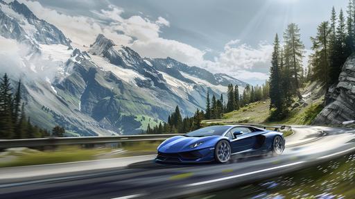 A sleek, high-performance sports car, its polished metallic surface gleaming in the sunlight, races along a narrow winding road that carves through the heart of the majestic Alpine landscape. The car, a vivid shade of electric blue, contrasts sharply against the rough textures of the mountainous terrain, with towering peaks capped in pristine white snow in the background. The road, a ribbon of asphalt, hugs the contours of the landscape, surrounded by lush green pines and wildflowers that blur as the car speeds by. The late afternoon sun casts dramatic shadows, enhancing the sense of speed and the car's dynamic lines, while the clear, azure sky above promises perfect driving conditions. This image should be rendered in a hyper-realistic digital art style, capturing the intricate details of the car's design, the rugged beauty of the alpine environment, and the exhilarating sense of motion. --ar 16:9 --v 6.0