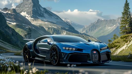 A sleek, high-performance sports car, its polished metallic surface gleaming in the sunlight, races along a narrow winding road that carves through the heart of the majestic Alpine landscape. The car, a vivid shade of electric blue, contrasts sharply against the rough textures of the mountainous terrain, with towering peaks capped in pristine white snow in the background. The road, a ribbon of asphalt, hugs the contours of the landscape, surrounded by lush green pines and wildflowers that blur as the car speeds by. The late afternoon sun casts dramatic shadows, enhancing the sense of speed and the car's dynamic lines, while the clear, azure sky above promises perfect driving conditions. This image should be rendered in a hyper-realistic digital art style, capturing the intricate details of the car's design, the rugged beauty of the alpine environment, and the exhilarating sense of motion. --ar 16:9 --v 6.0