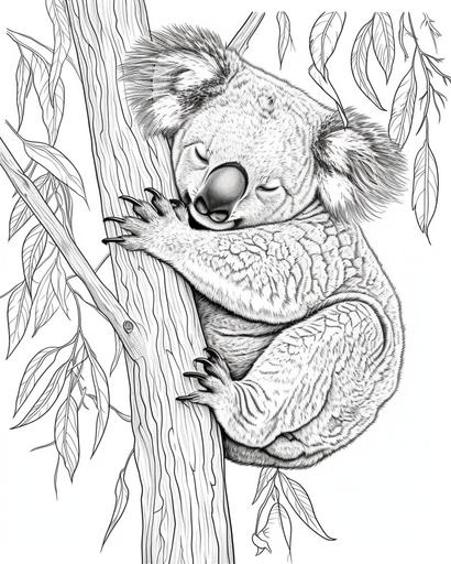 A sleepy koala clutching a branch in a eucalyptus tree, coloring book page, black and white, no shading --ar 4:5 --v 6.0