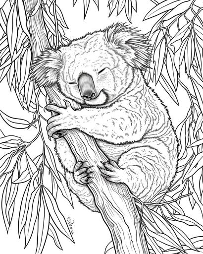 A sleepy koala clutching a branch in a eucalyptus tree, coloring book page, black and white, no shading --ar 4:5 --v 6.0
