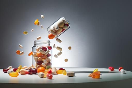 A slightly transparent, brownish medicine jar into which various fruits fall from the air, and the bottom of the jar is full of pharmaceutical tablets. It's like it was taken with a DSLR camera. On a light background. There are pills in the jar. The fruit is falling out of the air and heading towards the neck of the jar.