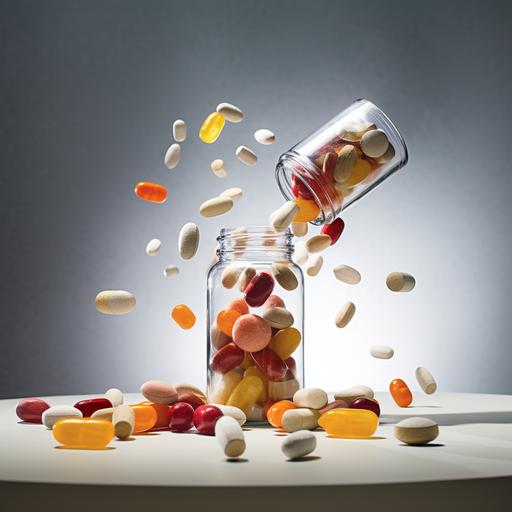 A slightly transparent, brownish medicine jar into which various fruits fall from the air, and the bottom of the jar is full of pharmaceutical tablets. It's like it was taken with a DSLR camera. On a light background. There are pills in the jar. The fruit is falling out of the air and heading towards the neck of the jar.