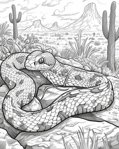 A slithering snake in a desert setting, coloring book page, black and white, no shading --ar 4:5 --v 6.0