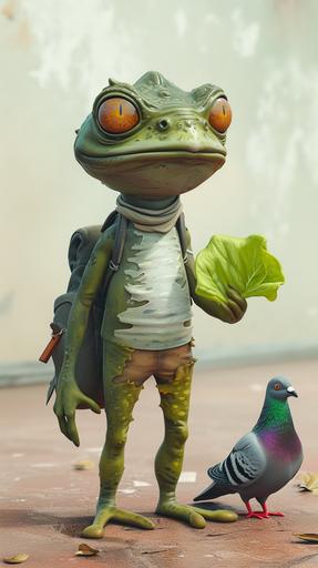 A small, cartoonish amphibian character with a serious expression, holding a leaf of lettuce in one hand to symbolize veganism. Turquinho is standing in an urban environment, perhaps a city park, and is casting a suspicious glance at a nearby pigeon. The pigeon looks indifferent. Both characters are styled humorously to reflect the quirky sense of humor described, with exaggerated features and a playful, colorful art style. --v 6.0 --ar 9:16