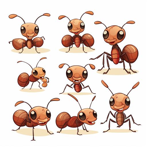 A small collection of cute cartoon ant specimens with different parts, sizes, and colors. White background, children's coloring page, clean line art, intricate line art, low details, no shadows, no black fill. --ar 1:1 --v 5.2