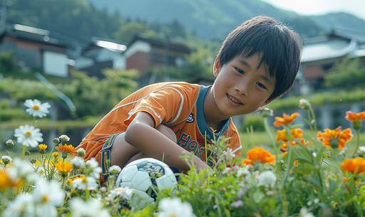 A small farmer planting flowers in a mountain flower garden. A 13-year-old Japanese boy wearing a SOCCER football jersey. A SOCCER BALL. --ar 5:3 --s 250