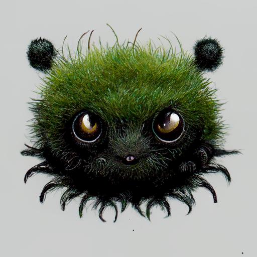 A small green fluffy animal with four black eyes and six short spider legs