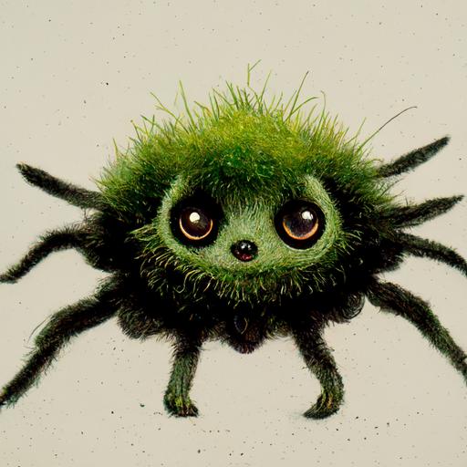 A small green fluffy animal with four black eyes and six short spider legs