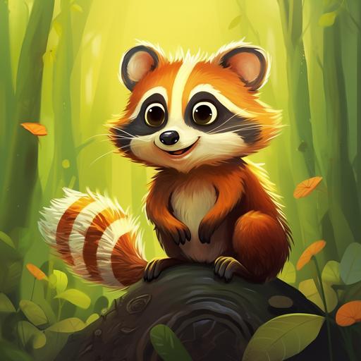A small green frog with big eyes and a smile on his face. Environment: Funny Forest. meets Red Raccoon: A cheerful and energetic raccoon with an orange fur coat and stripes across his eyes and tail. story book illustration