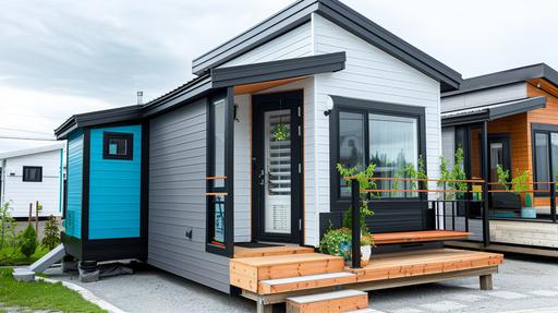 A small home with a porch and gable roof, in a modern style mobile trailer park setting, with black, grey, and blue accents and a white body color, covered deck, and wooden steps to the front door. On one side, the frame has two modest houses in the background, in the style of modern mobile homes. --ar 25:14