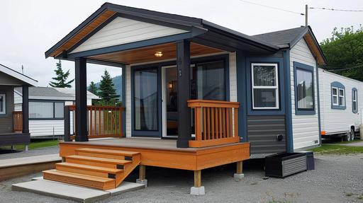 A small home with a porch and gable roof, in a modern style mobile trailer park setting, with black, grey, and blue accents and a white body color, covered deck, and wooden steps to the front door. On one side, the frame has two modest houses in the background, in the style of modern mobile homes. --ar 25:14