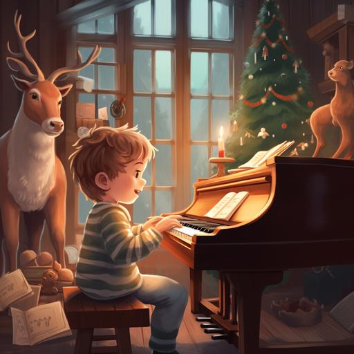 A small kid playing piano in a warm, cosy house while it is snowing outside, christmas ornaments, teapots and cookies in the room, drawn and colored in style of an animated movie. Her little brother is playing with a raindeer toy on the floor by the piano
