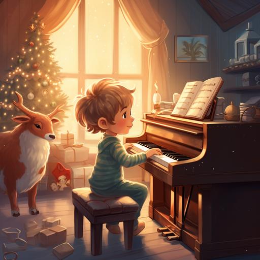 A small kid playing piano in a warm, cosy house while it is snowing outside, christmas ornaments, teapots and cookies in the room, drawn and colored in style of an animated movie. Her little brother is playing with a raindeer toy on the floor by the piano