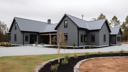 A small modern dark grey family home with a driveway, fence and gate, garage, and image taken from street, New England style and features, dark grey wood panelling exterior with black trim and black window frames, in Sweden. Neat and tidy front Scandinavian garden, driveway, street view, a well-built house, high quality, great detailing, tiled roof, a totally dark grey scheme for the exterior, acute detailing, refined lines and accuracy, total clarity and high focus image, captured during a very sunny day with clear blue sky, 150-megapixel photo, HDR, 32K, Elitist photography of the highest quality, bright clear lighting and warm ambience, taken with a 24-70mm lens, a full-frame camera, with a shallow depth of field, --ar 16:9 --v 5