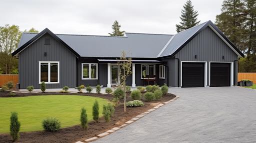 A small modern dark grey family home with a driveway, fence and gate, garage, and image taken from street, New England style and features, dark grey wood panelling exterior with black trim and black window frames, in Sweden. Neat and tidy front Scandinavian garden, driveway, street view, a well-built house, high quality, great detailing, tiled roof, a totally dark grey scheme for the exterior, acute detailing, refined lines and accuracy, total clarity and high focus image, captured during a very sunny day with clear blue sky, 150-megapixel photo, HDR, 32K, Elitist photography of the highest quality, bright clear lighting and warm ambience, taken with a 24-70mm lens, a full-frame camera, with a shallow depth of field, --ar 16:9 --v 5.2