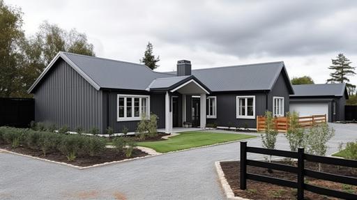 A small modern dark grey family home with a driveway, fence and gate, garage, and image taken from street, New England style and features, dark grey wood panelling exterior with black trim and black window frames, in Sweden. Neat and tidy front Scandinavian garden, driveway, street view, a well-built house, high quality, great detailing, tiled roof, a totally dark grey scheme for the exterior, acute detailing, refined lines and accuracy, total clarity and high focus image, captured during a very sunny day with clear blue sky, 150-megapixel photo, HDR, 32K, Elitist photography of the highest quality, bright clear lighting and warm ambience, taken with a 24-70mm lens, a full-frame camera, with a shallow depth of field, --ar 16:9 --v 5