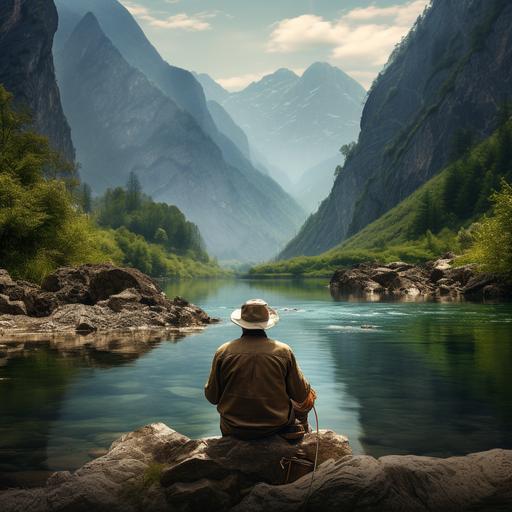 A small old fisherman in the middle of a river in mountain gorges